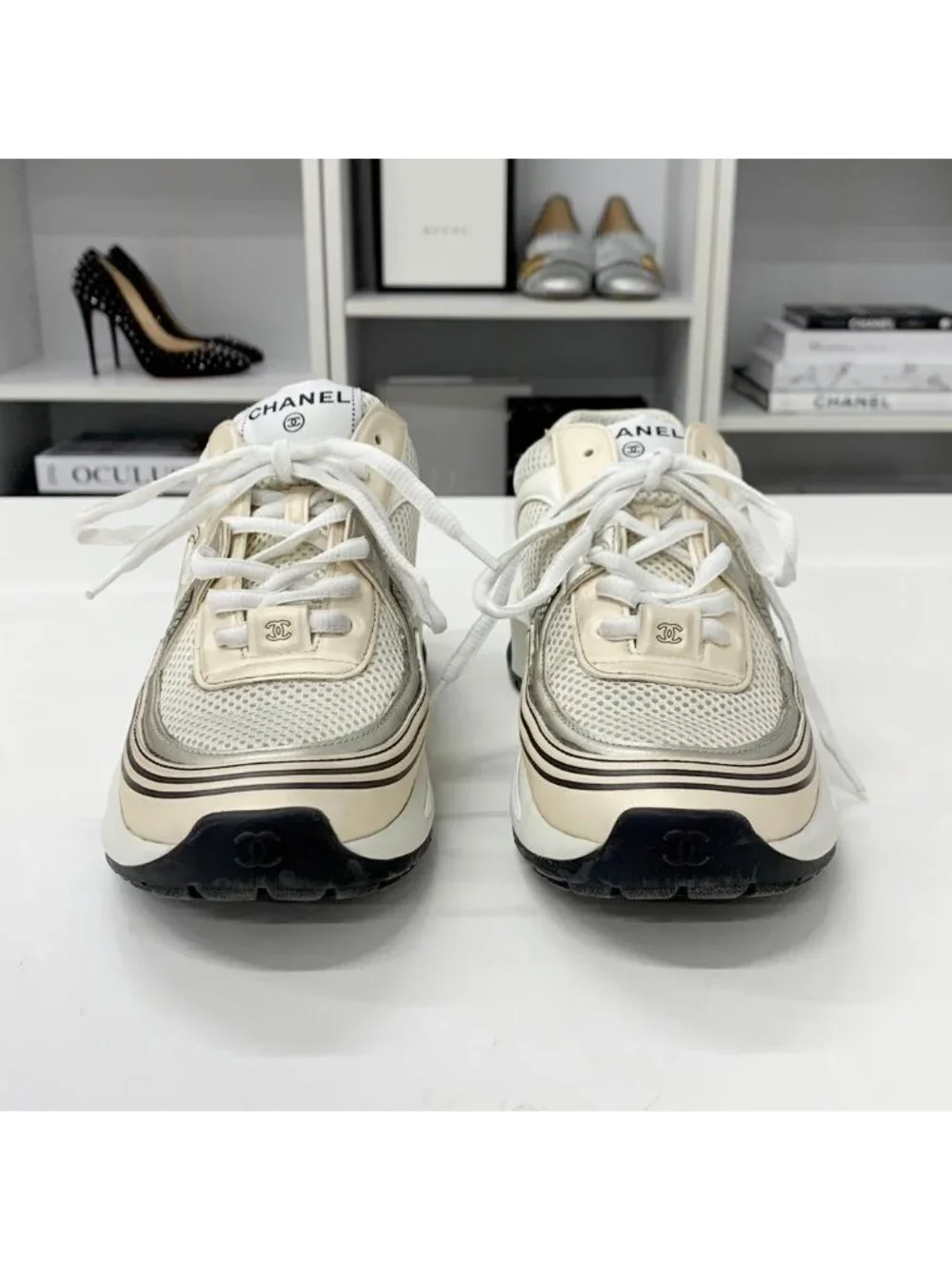 Chanel CC Logo Mesh Leather Sneakers Beige